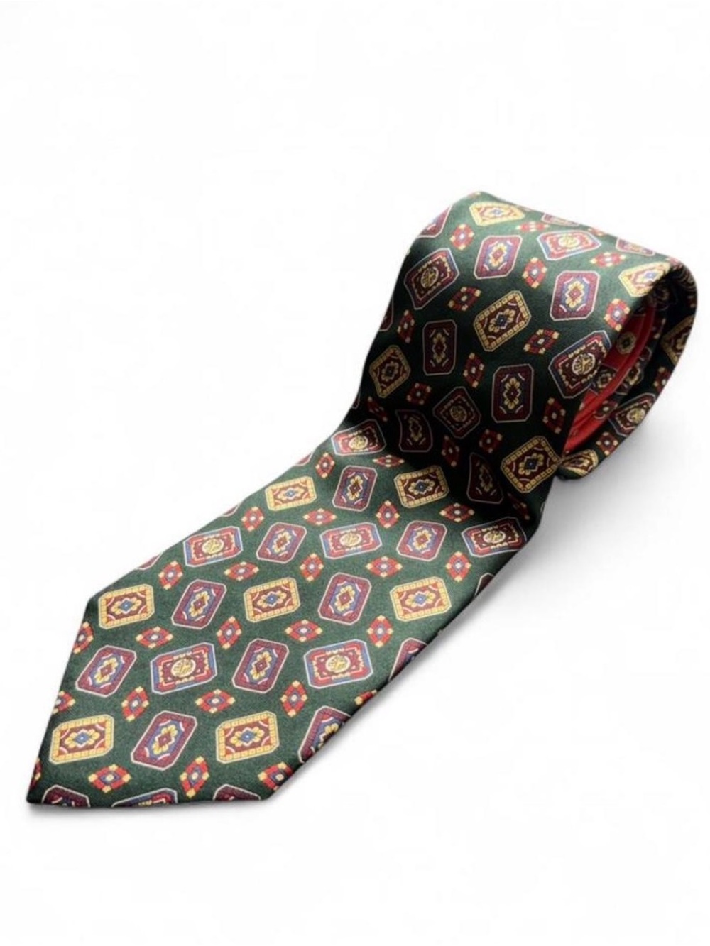 Tommy Hilfiger Green Silk Tie with Red and Gold Medallions